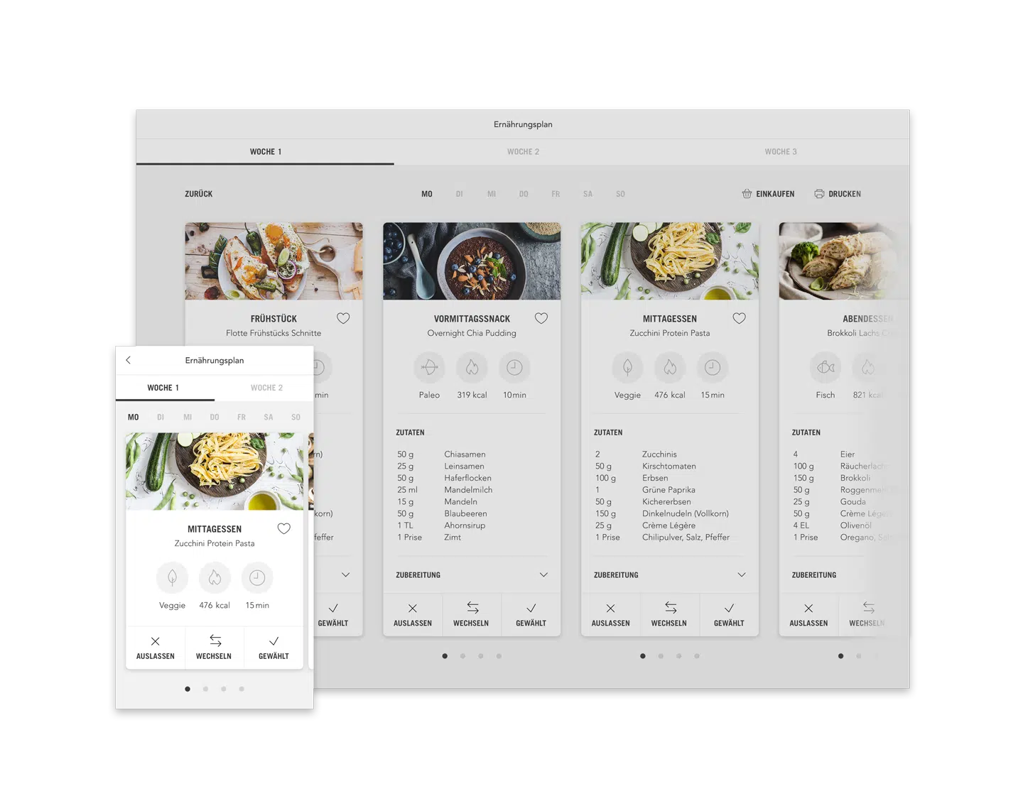 Dotrieat Ernährungsplan Plan mit Mahlzeiten (Desktop responsive Ansicht Beispiel Tag)